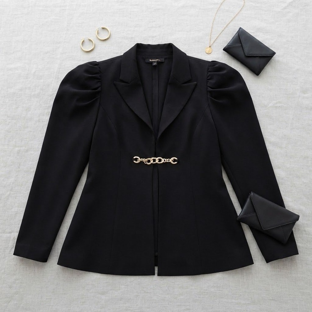 H Halston Blazer Womens Medium Black Puff Sleeve Gold Chain Accent Professional